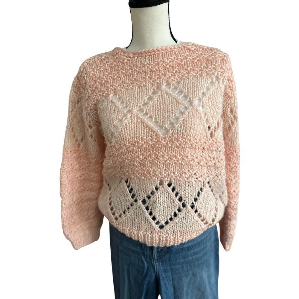 Vintage Tally-Ho Women’s Sweater Pink Diamond Knit Pullover Small 80s Style